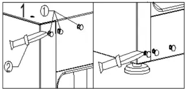Technical diagram showing two mechanical assembly steps with labeled components and connection points