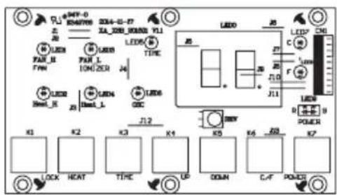 MVF-0 K45708 20 20 LED0 LED6 TIME LED3 LED4 LED5 LED6 CSC J12 J11 LED0 J8 LED7 CM1 27 26 25 LED9 B POWER K1 K2 K3 K4 K5 K6 K7 LOCK HEAT TIME UP DOWN C/F POWER3
