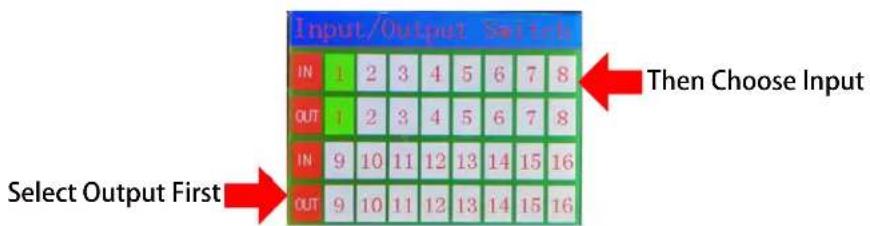 Input/Output Switch IN 1 2 3 4 5 6 7 8 OUT 1 2 3 4 5 6 7 8 IN 9 10 11 12 13 14 15 16 OUT 9 10 11 12 13 14 15 16 Then Choose Input Select Output First