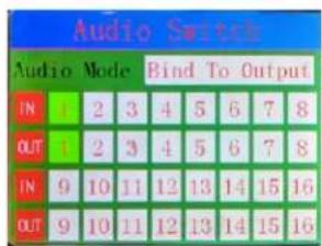 Audio Switch Audio Mode Bind To Output IN 2 3 4 5 6 7 8 OUT 2 3 4 5 6 7 8 IN 9 10 11 12 13 14 15 16 OUT 9 10 11 12 13 14 15 16