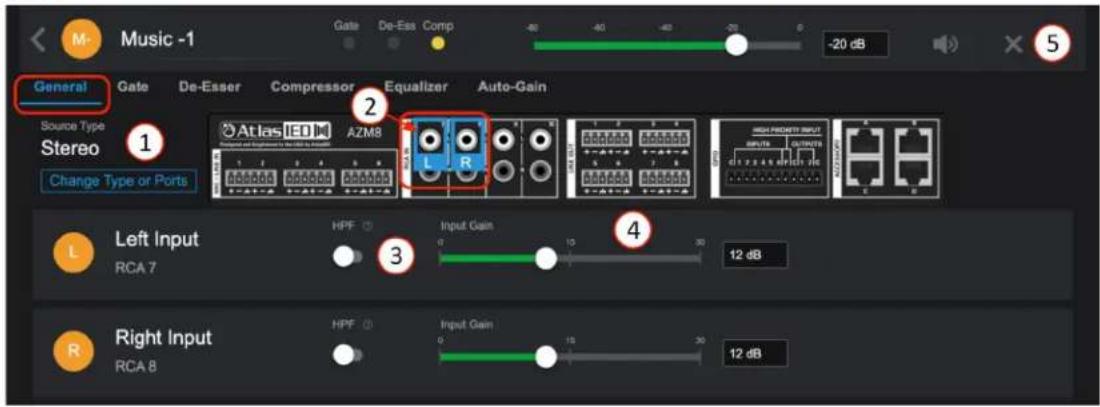 Music -1 Gate De-Ess Comp -20 dB General Gate De-Ess Comp Compressor Equalizer Auto-Gain Source Type Stereo Change Type or Ports Atlas 100 AZM8 L R High Prentt Input OUTPUTS OUTPER d1 2 4 6 d7 d9 d10 Left Input HPF 3 Input Gain 4 RCA 7 12 dB Right Input HPF 0 Input Gain 12 dB RCA 8 30 12 dB