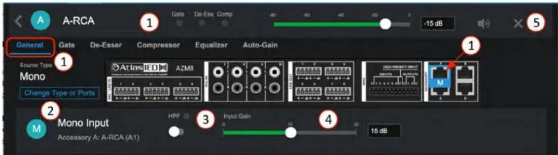 A General Gate De-Esser Compressor Equalizer Auto-Gain 1 1 2 3 4 5 -15 dB Source Type Mono Change Type or Ports Atlas IEO AZM8 High ROCKET INPUT INPUTS INPUTS M Mono Input HPF Input Gain 0 15 30 15 dB Accessory A: A-RCA (A1)