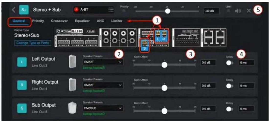 S+ Stereo + Sub A-BT Priority -30 -40 -50 -60 0 -40 dB General Output Type Stereo+Sub Change Type or Ports Atlas IED M A2M8 L R S Left Output Line Out 3 Speaker Presets SM82T Settings Applied2 Gain Offset -20 -10 0 10 20 30 0.0 dB Delay 4 R Right Output Line Out 4 Speaker Presets SM82T Settings Applied2 Gain Offset -25 -10 0 10 20 30 0.0 dB Delay 0 ms Sub Output Line Out 5 Speaker Presets PM8SUB Settings Applied2 Gain Offset -20 -10 0 10 20 30 0.0 dB Delay 0 ms