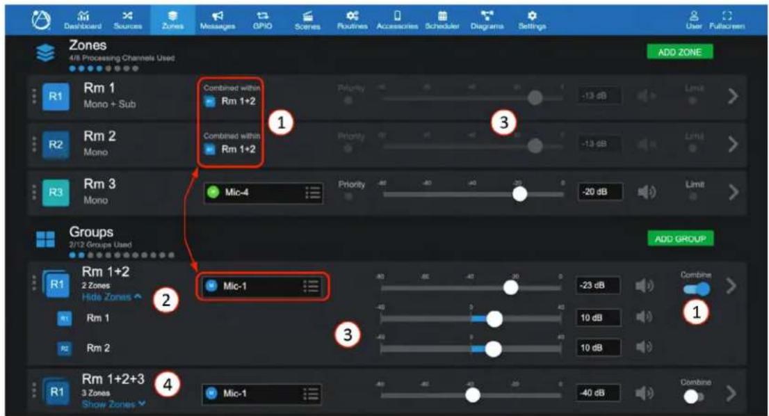 Dashboard Sources Zones Messages GPIO Scenes Routines Accessories Scheduler Diagrams Settings User Fullscreen Zones 4/8 Processing Channels Used ADD ZONE R1 Rm 1 Mono + Sub Combined within Rm 1+2 Priority -13 dB Limit R2 Rm 2 Mono Combined within Rm 1+2 Priority -13 dB Limit R3 Rm 3 Mono Mic-4 Priority -20 dB Limit Groups 2/12 Groups Used ADD GROUP R1 Rm 1+2 2 Zones Hide Zones Mic-1 -23 dB Combine > R1 Rm 1 Rm 1 40 dB 10 dB R2 Rm 2 40 dB 10 dB R1 Rm 1+2+3 3 Zones Show Zones Mic-1 -40 dB Combine >