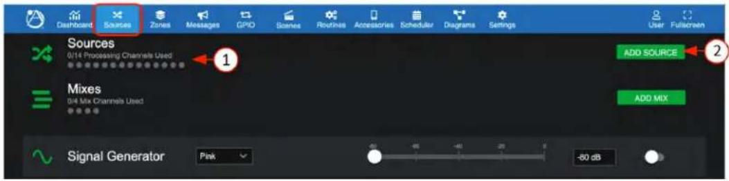 Dashboard Sources Zones Messages GPIO Scenes Routines Accessories Scheduler Diagrams Settings User Fullscreen Sources 0/14 Processing Channels Used 1 Add SOURCE Mixes 0/4 Mix Channels Used ADD MIX Signal Generator Pink -60 dB