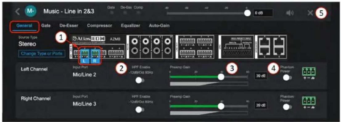 Music - Line in 2&3 Gate De-Ess Comp 40 48 42 20 0 dB General Gate De-Esser Compressor Equalizer Auto-Gain Source Type Stereo Change Type or Ports Atlas IED AZMB L R Left Channel Input Port Mic/Line 2 HPF Enable -12dB/Oct 80Hz Preamp Gain 0 20 40 60 80 39 dB Phantom Power Right Channel Input Port Mic/Line 3 HPF Enable -12dB/Oct 80Hz Preamp Gain 0 20 40 60 39 dB Phantom Power 5
