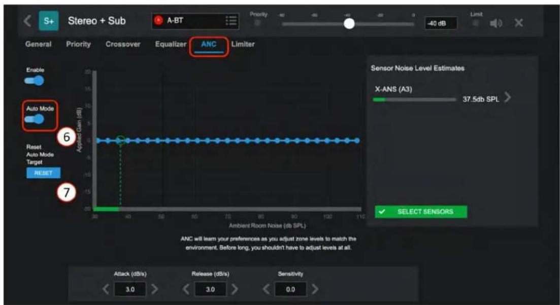 S+ Stereo + Sub A-BT General Priority Crossover Equalizer ANC Limiter Enable Auto Mode Reset Auto Mode Target RESET 6 7 Applied Gain (dB) Sensor Noise Level Estimates X-ANS (A3) 37.5db SPL ✓ SELECT SENSORS Attack (dB/s) Release (dB/s) Sensitivity < 3.0 > < 3.0 > < 0.0 >