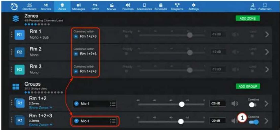 Dashboard Sources Zones Messages GPIO Scene Routines Accessories Scheduler Diagrams Settings User Fullscreen Zones 4/8 Processing Channels Used ADO ZONE R1 Rm 1 Mono + Sub Combined within Rm 1+2+3 Priority -19 dB Level > R2 Rm 2 Mono Combined within Rm 1+2+3 Priority -19 dB Level > R3 Rm 3 Mono Combined within Rm 1+2+3 Priority -19 dB Level > Groups 2/12 Groups Used ADD GROUP R1 Rm 1+2 2 Zones Show Zones Mic-1 -26 dB Combine > R1 Rm 1+2+3 3 Zones Show Zones Mic-1 -29 dB Combine >
