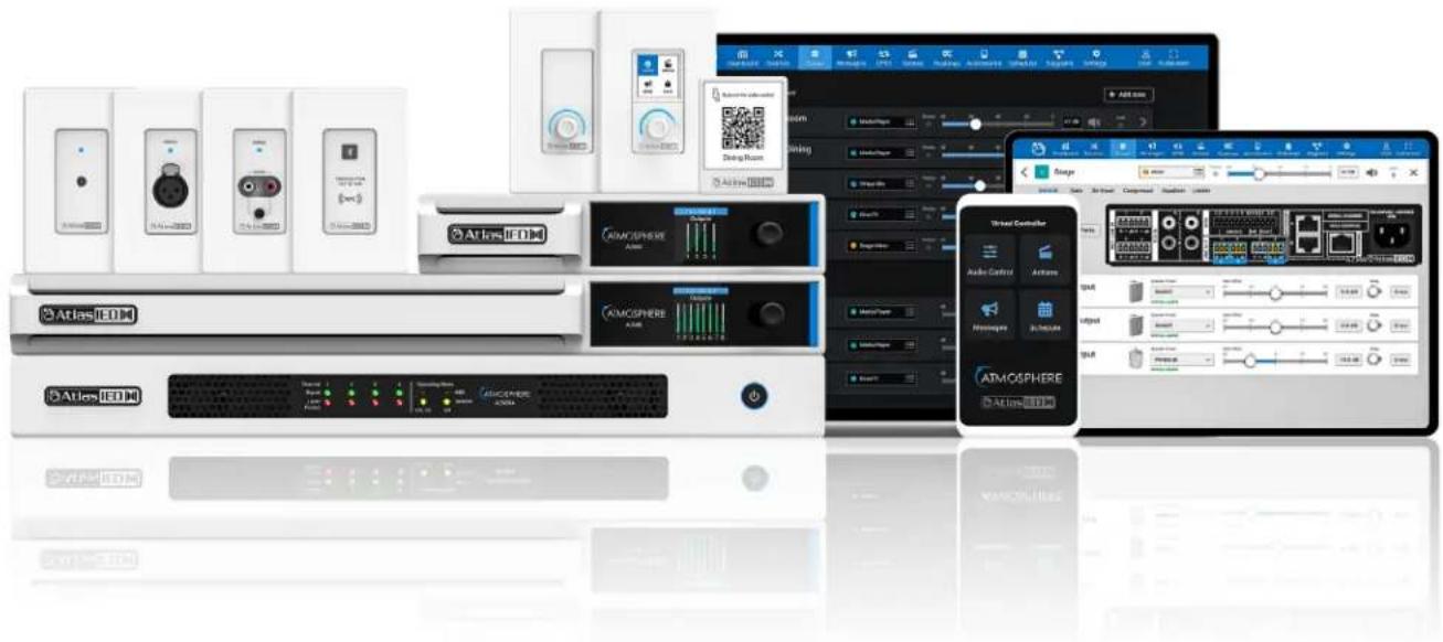Product catalog image displaying various ATLAS IECM and Atmosphere audio equipment with labeled modules and UI elements.