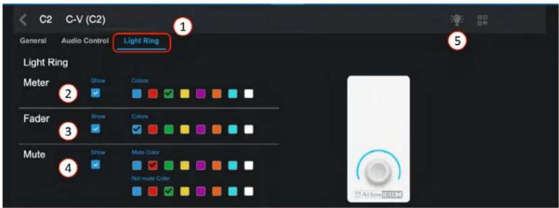 C2 C-V (C2) General Audio Control Light Ring Light Ring Meter Show Colors Fader Show Colors Mute Show Mute Color Not mute Color