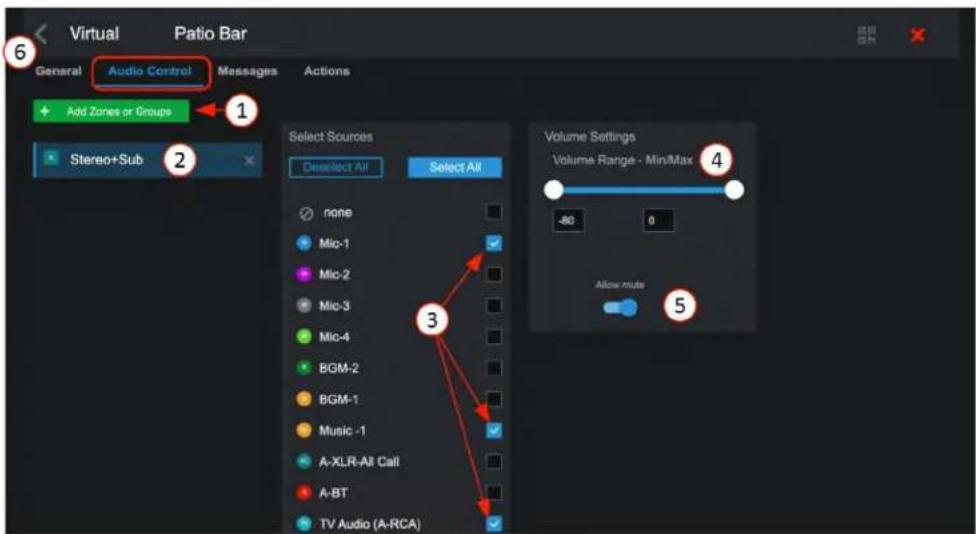 Virtual Patio Bar General Audio Control Messages Actions Add Zones or Groups Stereo+Sub Select Sources Deselect All Select All none Mic-1 Mic-2 Mic-3 Mic-4 BGM-2 BGM-1 Music -1 A-XLR-All Call A-BT TV Audio (A-RCA) Volume Settings Volume Range - Min/Max -80 0 Allow mute 5