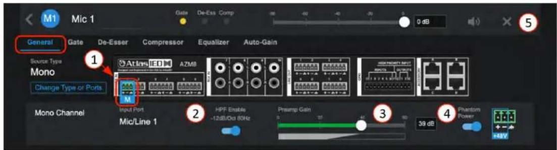 M1 Mic 1 Gate De-Ess Comp 0 dB General Gate De-Esser Compressor Equalizer Auto-Gain Source Type Mono Change Type or Ports 1 Atlas IED AZMB Mono Channel Input Port HPF Enable Preamp Gain 39 dB Phantom Power Mic/Line 1 -12.85/Oct 80Hz 39 dB +48V