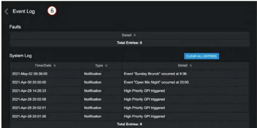 Event Log Faults Detail 11 Total Entries: 0 System Log CLEAR ALL ENTRIES Time/Date 11 Type 11 Detail 11 2021-May-02 09:36:00 Notification Event "Sunday Brunch" occurred at 9:36. 2021-Apr-30 20:00:00 Notification Event "Open Mic Night" occurred at 20:00. 2021-Apr-29 14:26:33 Notification High Priority GPI triggered 2021-Apr-28 20:02:08 Notification High Priority GPI triggered 2021-Apr-28 20:02:01 Notification High Priority GPI triggered 2021-Apr-28 20:01:56 Notification High Priority GPI triggered Total Entries: 6