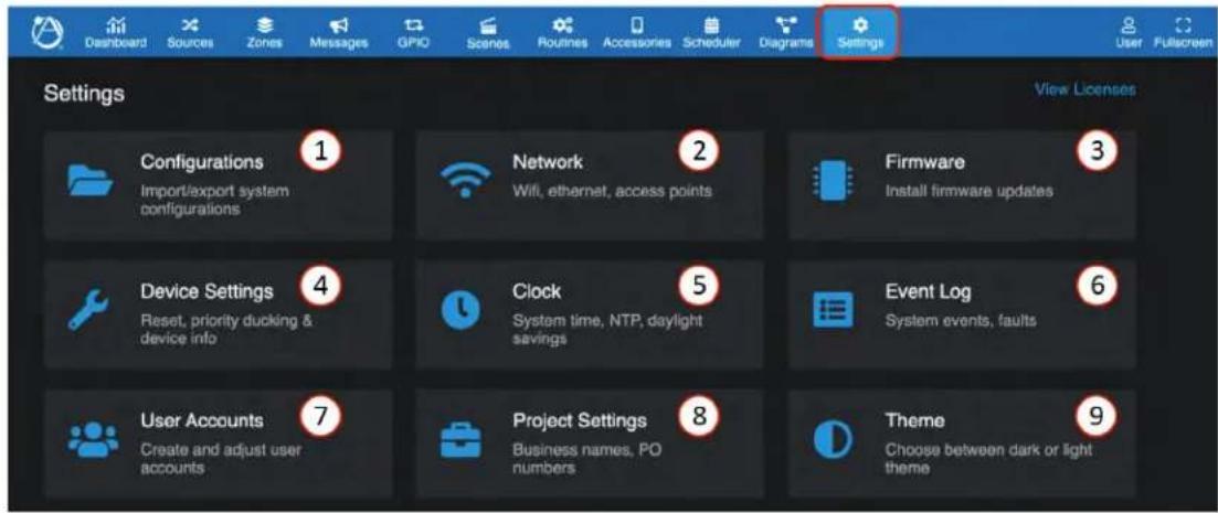 Settings Configurations Import/export system configurations Network Will, ethernet, access points Firmware Install firmware updates Device Settings Reset, priority ducking & device info Clock System time, NTP, daylight savings Event Log System events, faults User Accounts Create and adjust user accounts Project Settings Business names, PO numbers Theme Choose between dark or light theme