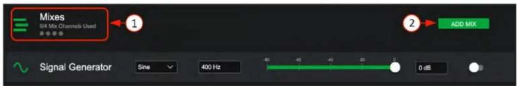 Mixes 0/4 Mix Channels Used 1 2 ADD MIX Signal Generator Sine 400 Hz 0 dB