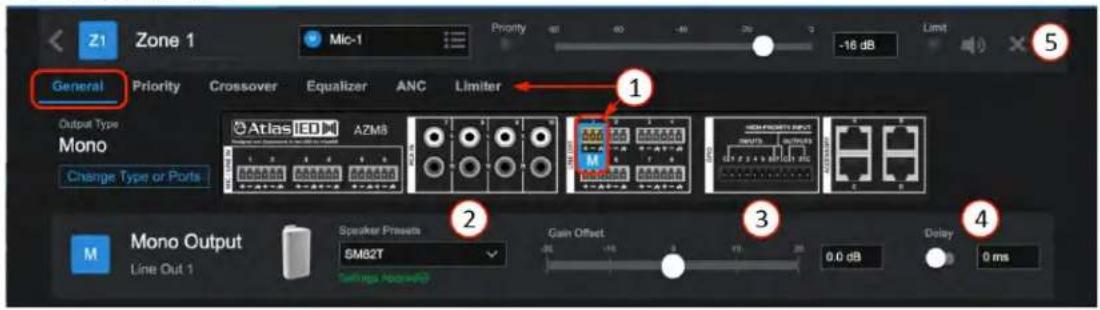 Z1 Zone 1 Mic-1 Priority -16 dB Limit General Priority Crossover Equalizer ANC Limiter Output Type Mono Change Type or Ports Atlas IED A2M8 Mono Output Line Out 1 Speaker Presets Gain Offset Delay 0.0 dB 0 ms Settings Abnormal