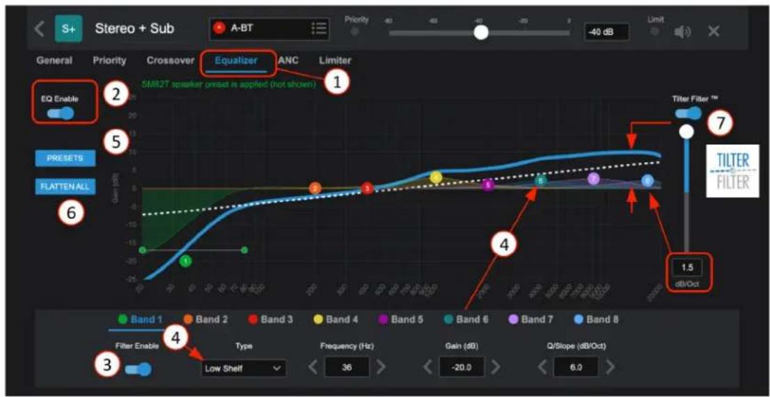 Stereo + Sub A-BT Priority -40 dB Limit General Priority Crossover Equalizer ANC Limiter EQ Enable 5M/2T speaker preset is applied (not shown) PRESETS FLATTEN ALL 6 1.5 dB/Oct 7 TILTER FILTER Band 1 Band 2 Band 3 Band 4 Band 5 Band 6 Band 7 Band 8 Filter Enable Type Frequency (Hz) Gain (dB) Q/Slope (dB/Oct) 3 Low Shelf < 36 > < -20.0 > < 6.0 >