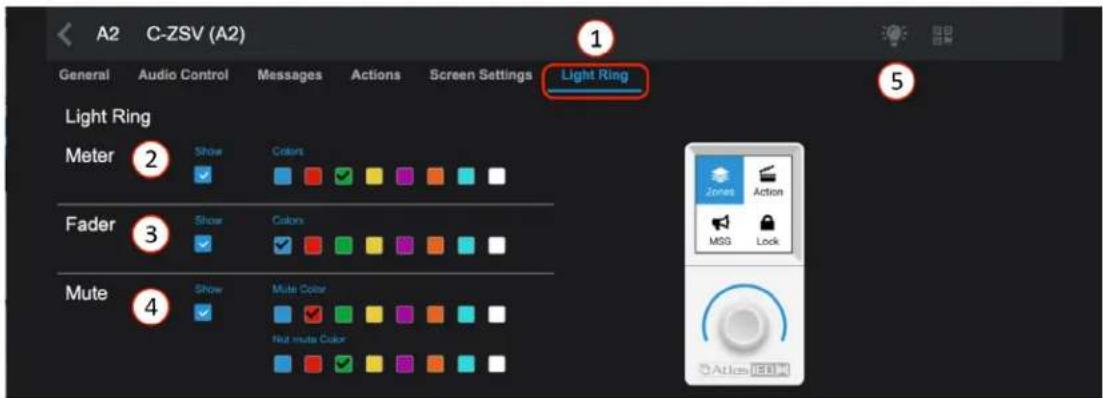 A2 C-ZSV (A2) General Audio Control Messages Actions Screen Settings Light Ring Light Ring Meter Show Colors Fader Show Colors Mute Show Mute Color Nuts mute Color Zones Action MSG Lock Actions ESB