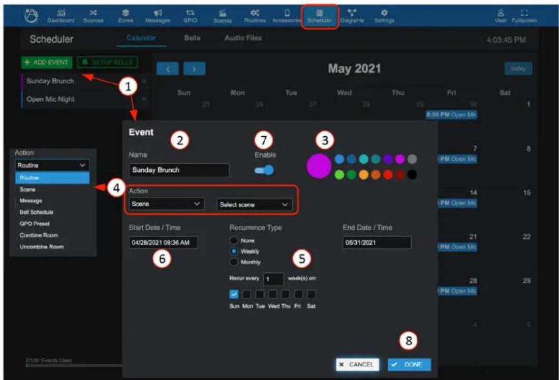 Scheduler Calendar Bells Audio Files 4:03:45 PM ADD EVENT SETUP BELL Sunday Brunch Open Mic Night May 2021 Sunday Sun Mon Tue Wed Thu Fri Sat 8:00 PM Open Mic Event Name Enable Sunday Brunch Action Scene Select scene Start Date / Time 04/28/2021 09:36 AM Recurrence Type None Weekly Monthly Recur every 1 week(s) on: Sun Mon Tue Wed Thu Fri Sat End Date / Time 05/31/2021 CANCEL DONE