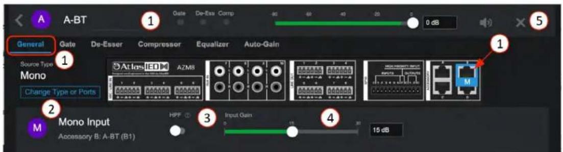 A General Gate De-Esser Compressor Equalizer Auto-Gain 1 2 3 4 5 Source Type Mono Change Type or Ports Atlas IEO A2M8 High Frequency Input INPUTS OUTPUTS M Mono Input Accessory B: A-BT (B1) HPF Input Gain 0 15 dB