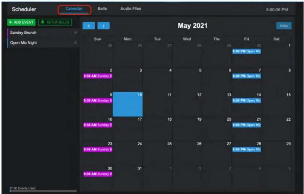 Scheduler Calendar Bells Audio Files 8:00:06 PM ADD EVENT SETUP BELLs Sunday Brunch Open Mic Night May 2021 today Sun Mon Tue Wed Thu Fri Sat 25 26 27 28 29 30 1 2 3 4 5 6 7 8 9:36 AM Sunday B 9:36 AM Sunday B 9:36 AM Sunday B 9:36 AM Sunday B 9:36 AM Sunday B 9:36 AM Sunday B 9:36 AM Sunday B 9:36 AM Sunday B 9:36 AM Sunday B 9:36 AM Sunday B 9:36 AM Sunday B 9:36 AM Sunday B 9:36 AM Sunday B 9:34 AM Sunday B 9:34 AM Sunday B 9:34 AM Sunday B 9:34 AM Sunday B 9:34 AM Sunday B 9:34 AM Sunday B 9:34 AM Sunday B 9:34 AM Sunday B 9:34 AM Sunday B 9:34 AM Sunday B 9:34 AM Sunday B 9:34 AM Sunday B 9:34 AM Sunday B 2/100 Events Used