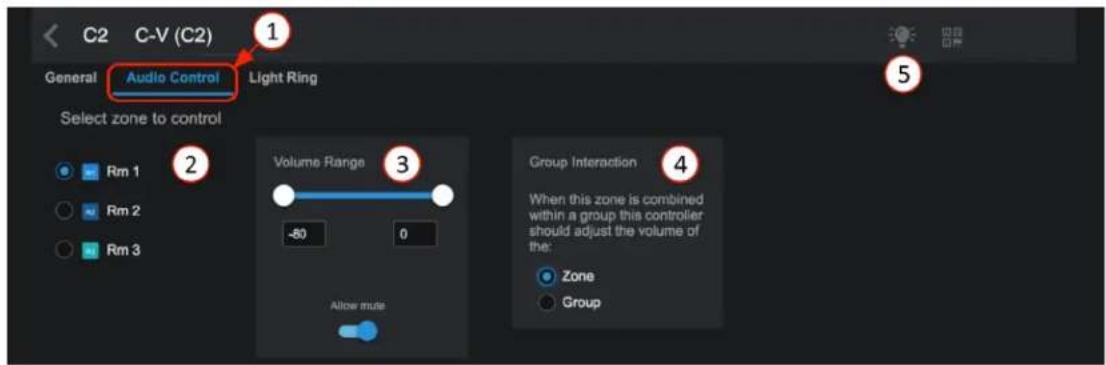 C2 C-V (C2) General Audio Control Light Ring Select zone to control Rm 1 Volume Range Group Interaction Rm 2 -80 0 When this zone is combined within a group this controller should adjust the volume of the: Rm 3 Allow mute Allow mute