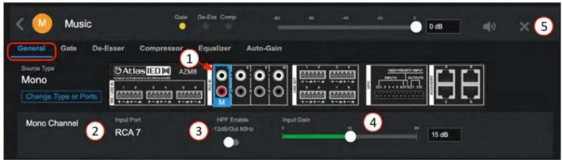 Music Gate De-Ess Comp 0 dB General Gate De-Esser Compressor Equalizer Auto-Gain 1 Source Type Mono Change Type or Ports Atlas IEO A2M8 Input Port RCA 7 HPF Enable -12dB/Oct 00Hz Input Gain 30 15 dB Mono Channel Input Port HPF Enable Input Gain 30 15 dB