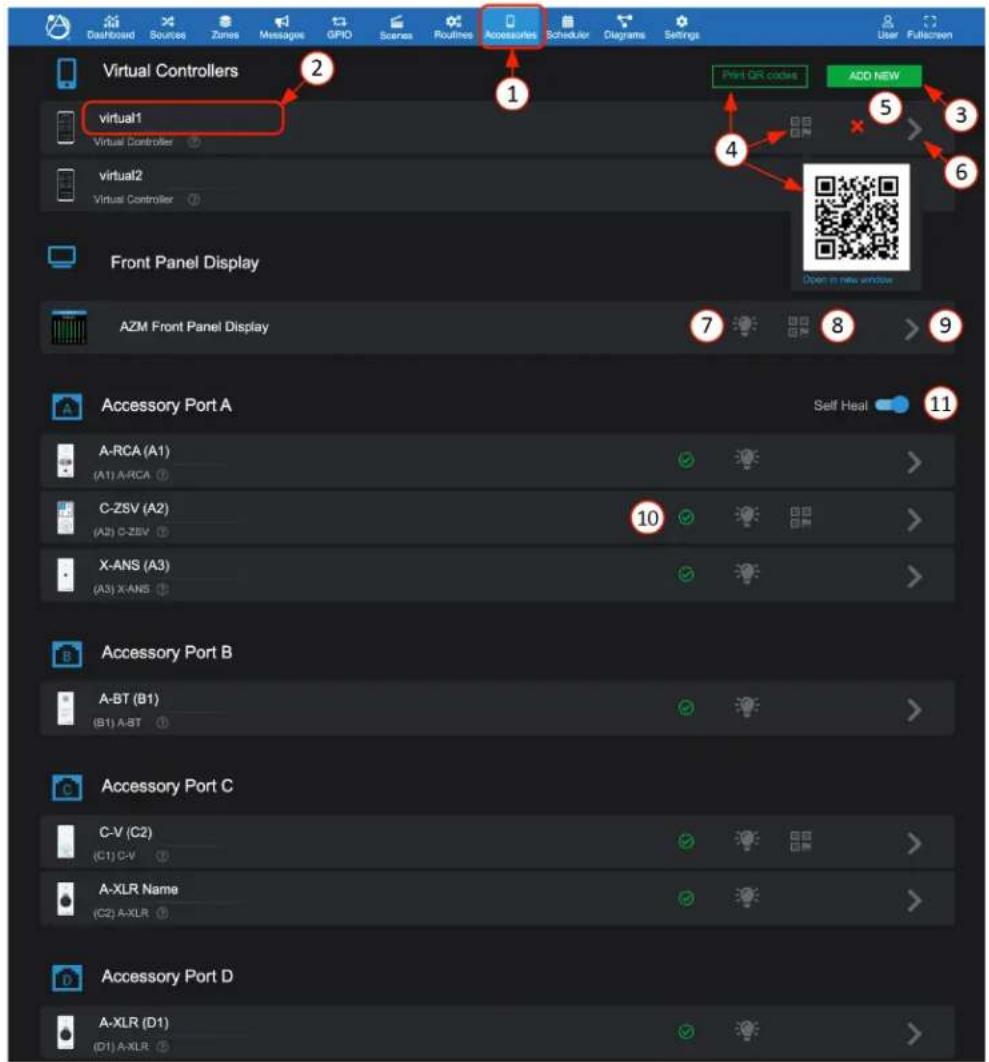 Dashboard Sources Zones Messages GPIO Scenes Routines Accessories Scheduler Clayouts Settings User Fullscreen Virtual Controllers 2 1 Print OR codes ADD NEW 4 3 6 virtual1 Virtual Controller virtual2 Virtual Controller Front Panel Display Open in new windows AZM Front Panel Display 7 8 9 Accessory Port A Self Heal 11 A-RCA (A1) (A1) A-RCA ① C-ZSV (A2) (A2) C-ZSV ① X-ANS (A3) (A3) X-ANS ① 10 Accessory Port B A-BT (B1) (B1) A-BT ① Accessory Port C C-V (C2) (C1) C-V ① A-XLR Name (C2) A-XLR ① Accessory Port D A-XLR (D1) (D1) A-XLR ①