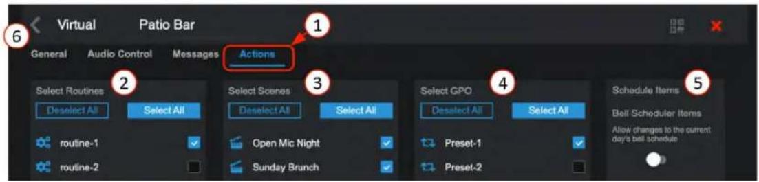 Virtual Patio Bar General Audio Control Messages Actions Select Routines Deselect All Select All routine-1 routine-2 Select Scenes Deselect All Select All Open Mic Night Sunday Brunch Select GPO Deselect All Select All Preset-1 Preset-2 Schedule Items Bell Scheduler Items Allow changes to the current day's bell schedule