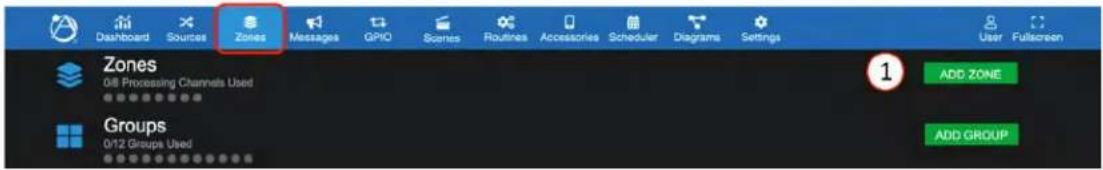 Dashboard Sources Zones Messages GPIO Scenes Routines Accessories Scheduler Diagrams Settings User Fullscreen Zones Oil Processing Channels Used Groups 0/12 Groups Used 1 ADD ZONE ADD GROUP