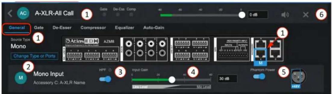 AC A-XLR-All Call General Gate De-Esser Compressor Equalizer Auto-Gain Source Type Mono Change Type or Ports Atlas IED AZM8 High PRODUTY INPUT INPUTS OUTPUTS M Mono Input HPF Input Gain 30 dB Phantom Power Accessory C: A-XLR Name 120k Level Mid Level 40 60 30 dB