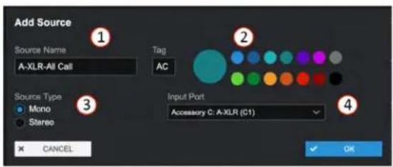 Add Source Source Name A-XLR-All Call Tag AC Source Type Mono Stereo Input Port Accessory C: A-XLR (C1) OK CANCEL