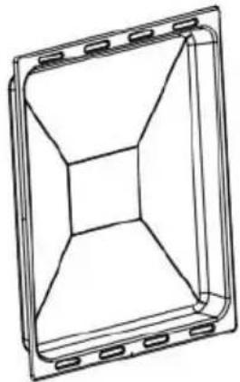 Technical line drawing of a 3D rectangular frame with internal geometric cutouts (no text or symbols).
