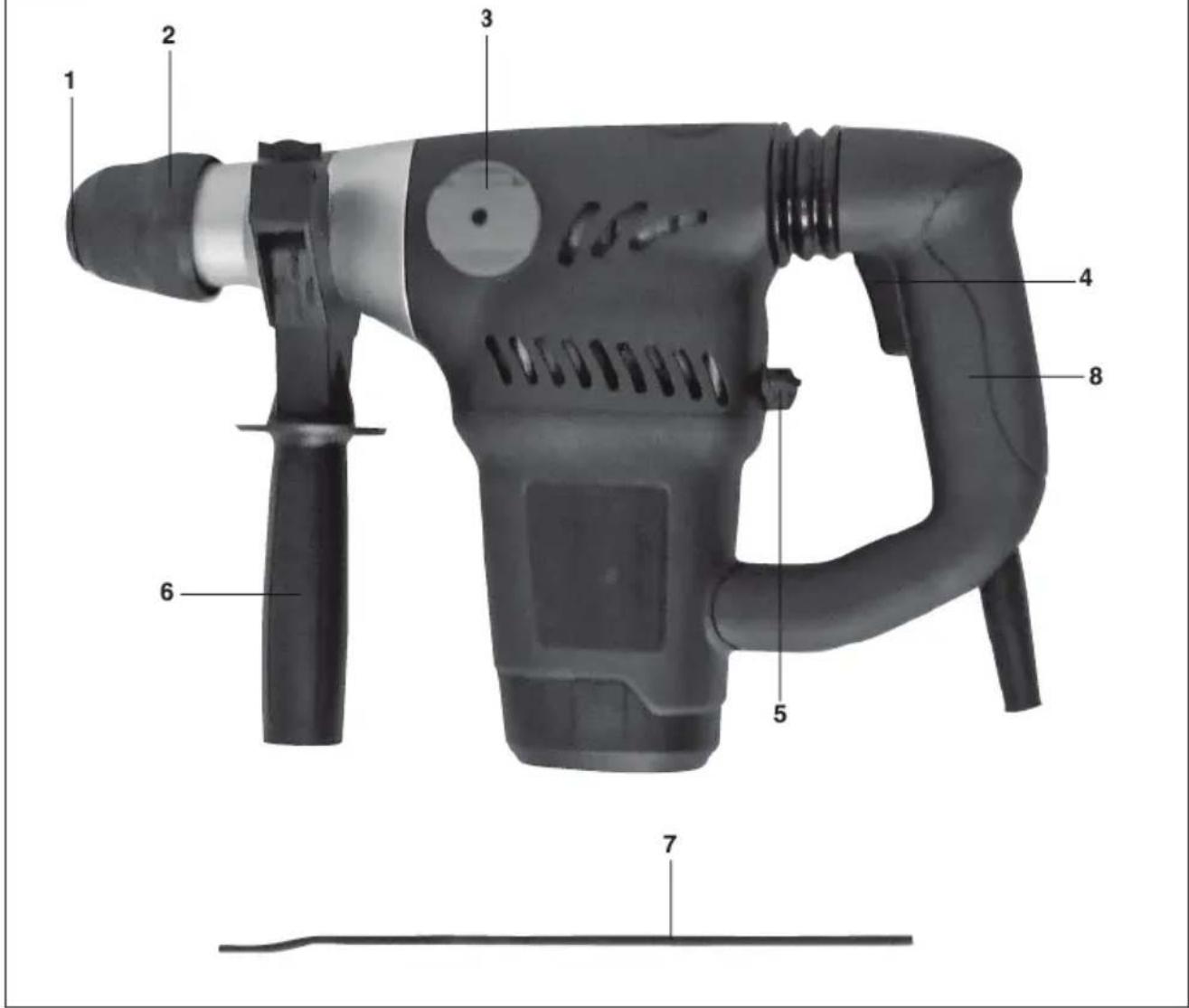 Labeled diagram of a 3D-printed drill bit with numbered parts for identification.