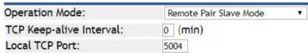 Operation Mode: Remote Pair Slave Mode TCP Keep-alive Interval: 0 (min) Local TCP Port: 5004