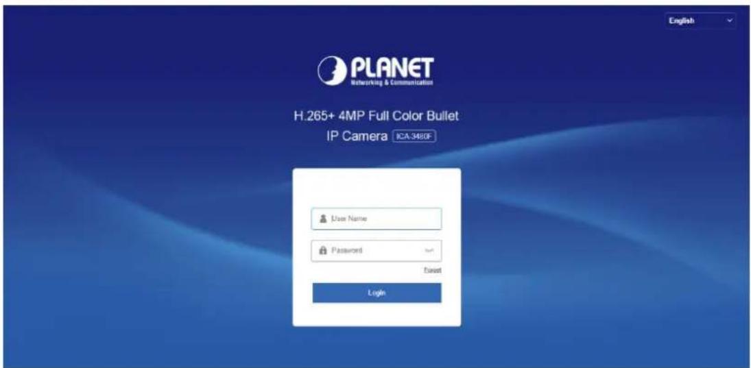 PLANET Networking & Communication H.265+ 4MP Full Color Bullet IP Camera ICA-348DF User Name Password Target Login English