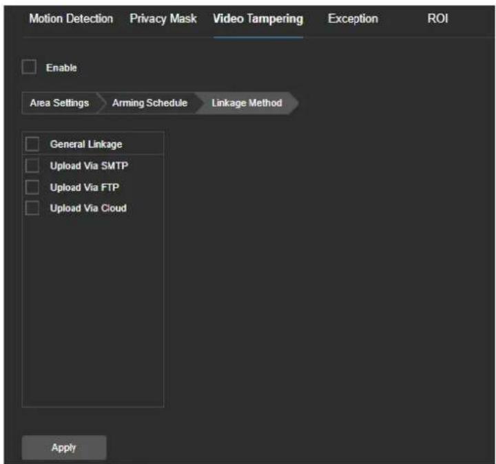 Motion Detection Privacy Mask Video Tampering Exception ROI Enable Area Settings Arming Schedule Linkage Method General Linkage Upload Via SMTP Upload Via FTP Upload Via Cloud Apply