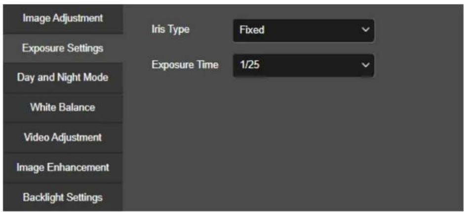 Image Adjustment Exposure Settings Day and Night Mode White Balance Video Adjustment Image Enhancement Backlight Settings Iris Type Fixed Exposure Time 1/25