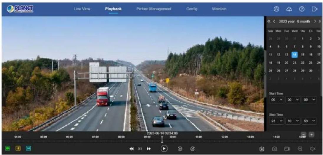 PLANET Live View Playback Picture Management Config Maintain 2023 year 6 month Sun Mon Tue Wed Thu Fri Sun 29 28 16 11 1 2 3 4 5 6 7 8 9 10 11 12 13 14 15 16 17 18 19 20 21 22 23 24 25 26 27 28 29 30 Start Time 00 00 00 Stop Time 23 59 59 04:00 05:00 06:00 07:00 08:00 09:00 10:00 11:00 12:00 13:00 14:00 15:00 X1
