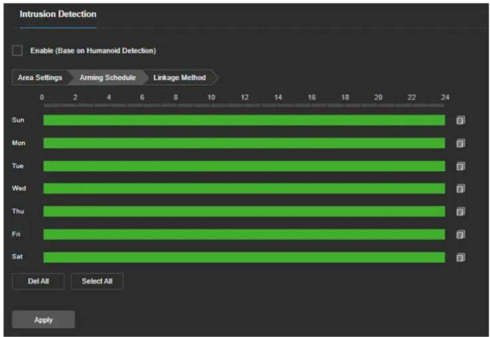 Intrusion Detection Enable (Base on Humanoid Detection) Area Settings Arming Schedule Linkage Method Sun ? Mon ? Tue ? Wed ? Thu ? Fri ? Sat ? Del All Select All Apply
