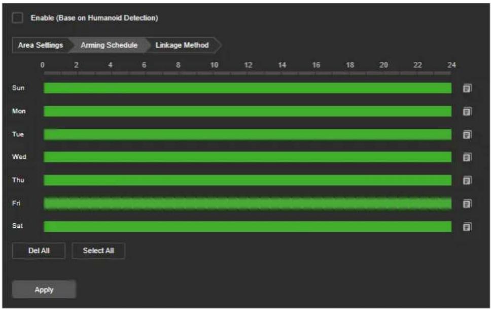 Enable (Base on Humanoid Detection) Area Settings Arming Schedule Linkage Method Sun ? Mon ? Tue ? Wed ? Thu ? Fri ? Sat ? Del All Select All Apply