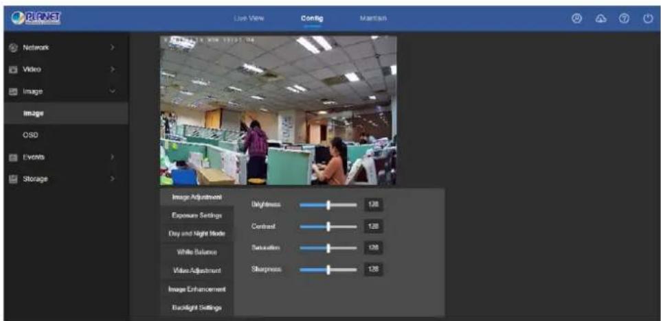 PLANET Network Video Image Image OSO Events Storage Image Adjustment Exposure Settings Day and Night Mode White Balance Video Adjustment Image Enhancement Backlight Settings Lock View Config Maintain Brightness 1.28 Contrast 1.28 Saturation 0.26 Sharpness 1.28