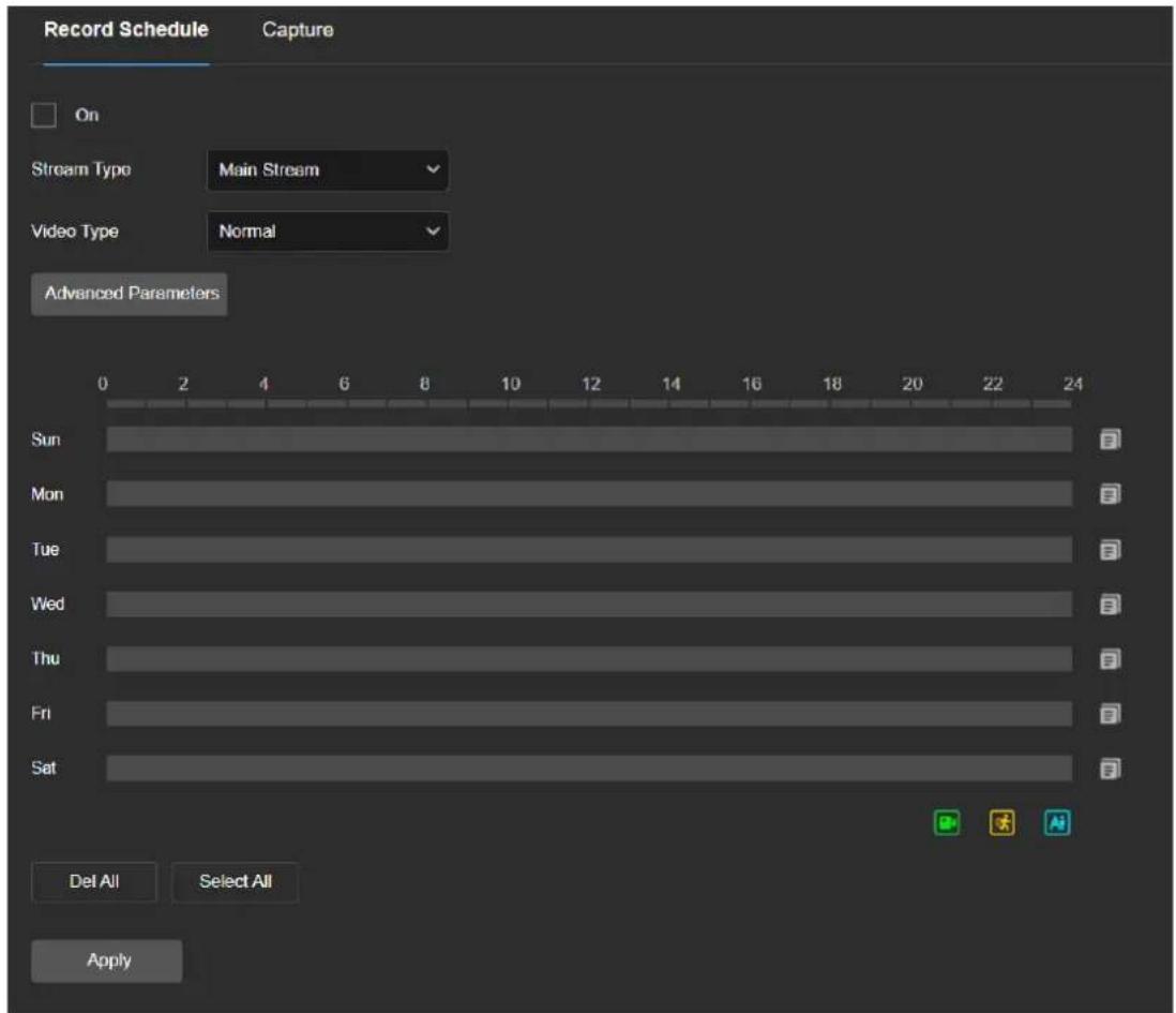 Record Schedule Capture On Stream Type Main Stream Video Type Normal Advanced Parameters Sun Mon Tue Wed Thu Fri Sat Del All Select All Apply