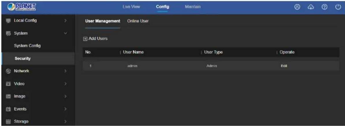 PLANET Live View Config Maintain Local Config > System System Config Security Network > Video > Image > Events > Storage > User Management Online User Add Users No User Name User Type Operato 1 admin Admin Edit