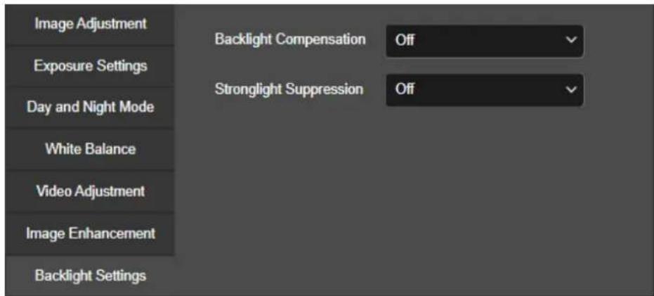Image Adjustment Exposure Settings Day and Night Mode White Balance Video Adjustment Image Enhancement Backlight Settings Backlight Compensation Off Stronglight Suppression Off