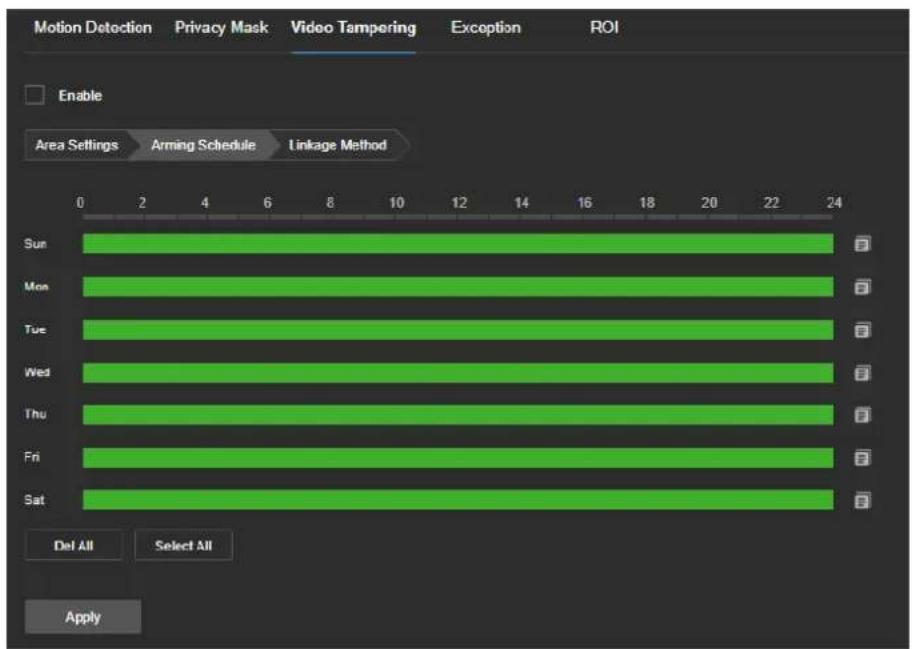 Motion Detection Privacy Mask Video Tampering Exception ROI Enable Area Settings Arming Schedule Linkage Method Sun Mon Tue Wed Thu Fri Sat Def All Select All Apply