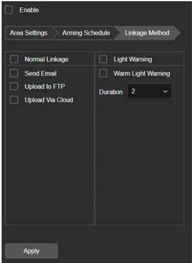 Enable Area Settings > Arming Schedule > Linkage Method Normal Linkage Send Email Upload to FTP Upload Via Cloud Light Warning Warm Light Warning Duration 2 Apply