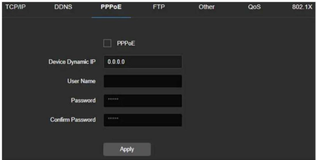 TCP/IP DDNS PPPoE FTP Other QoS 802.1X □ PPPoE Device Dynamic IP 0.0.0.0 User Name Password ****** Confirm Password ****** Apply