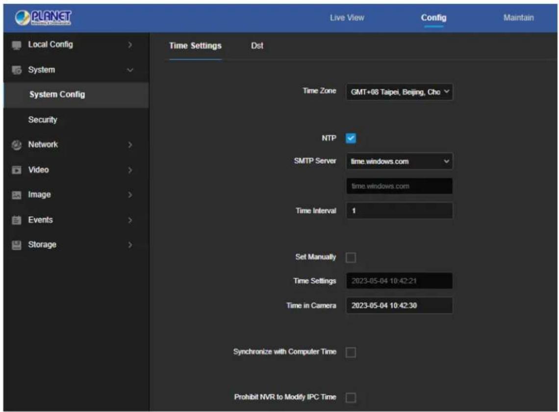 PLANT Live View Config Maintain Local Config > System System Config Security Network > Video > Image > Events > Storage > Time Settings Dst Time Zone GMT+06 Taipei, Beijing, Cho NTP SMTP Serverrets.windows.com time.windows.com Time Interval 1 Set Manually Time Settings 2023-05-04 10:42:21 Time in Camera 2023-05-04 10:42:30 Synchronize with Computer Time Prohibit NVR to Modify IPC Time