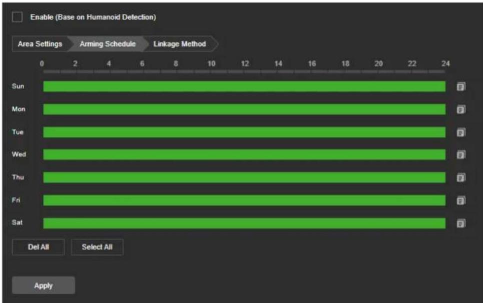 Enable (Base on Humanoid Detection) Area Settings Arming Schedule Linkage Method Sun 24 Mon 24 Tue 24 Wed 24 Thu 24 Fri 24 Sat 24 Del All Select All Apply